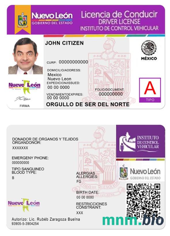 Szablon prawa jazdy Nuevo Leon w formacie PSD, ze wszystkimi czcionkami